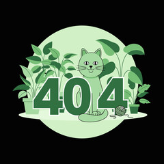 Adorable Green Cat Amidst Houseplants with 404 Page Not Found Error Message Illustration