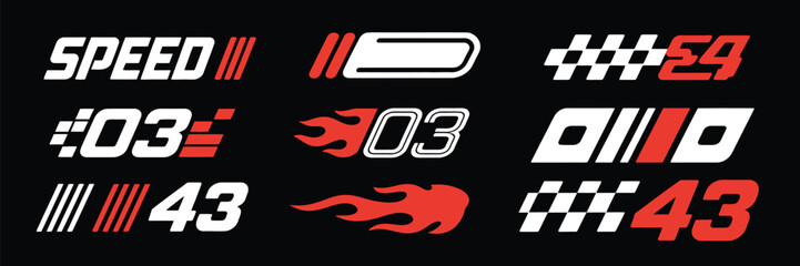 Racing Cars and Stripe Vector Set &ndash; Checkered Flags, Motocross Labels, Speed Lines, Motorsport Graphics, Race Decals, and Tuning Stickers for Automotive Design