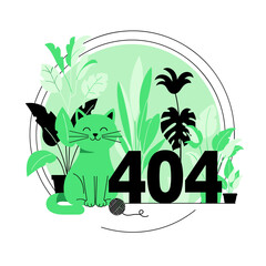 Whimsical Green Cat and Lush Houseplants Framing a 404 Page Not Found Error Illustration
