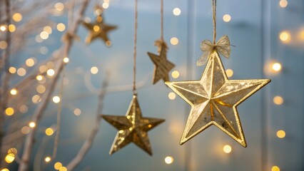 Golden star ornaments hanging with soft bokeh lights creating a magical and festive holiday atmosphere