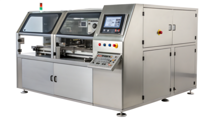 Stylish modern fully automated industrial machine cut out on PNG isolated on white. AI GENERATED.