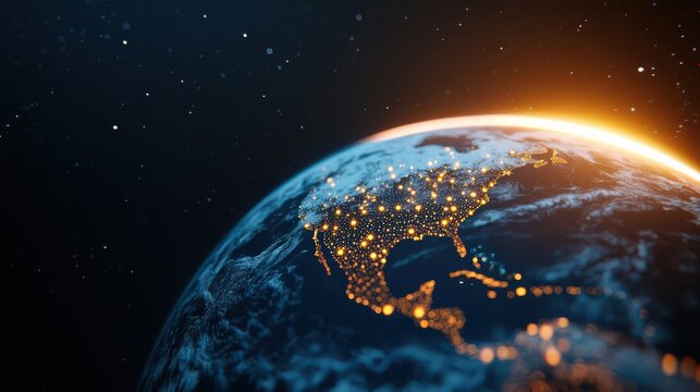 A stunning view of Earth from space, showcasing illuminated regions and vast oceans against a starry backdrop. - Powered by Adobe