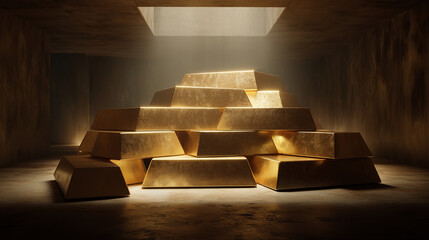 Gold bars stacked pyramid style in a dimly lit vault