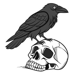 A black raven perched atop a human skull, creating a gothic and macabre scene