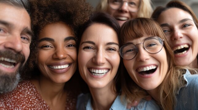 A diverse group of coworkers share hearty laughter while enjoying a lighthearted moment together at their workplace. The joyful atmosphere reflects camaraderie and friendship among them
