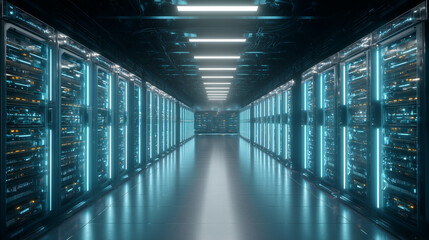 Crypto mining farm visualized as rows of glowing, futuristic hardware in a clean data center environment