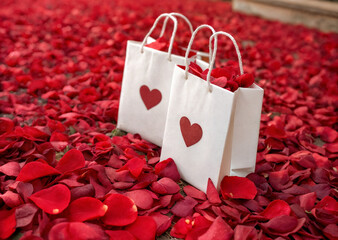 Gift bags with rose petals and hearts on a white background