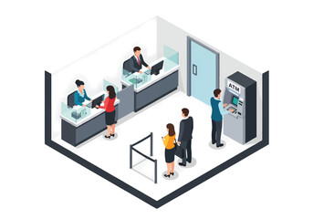 Isometric flat 3D vector of bank interior showing teller counters, ATM machines, and customers withdrawing cash, finance and transaction theme