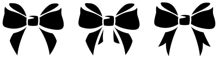 Black silhouettes of bows isolated on a white background. Set of vector black and white clipart illustrations