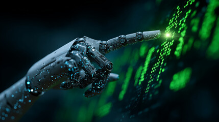 AI robot hand touching a holographic stock ticker with green data