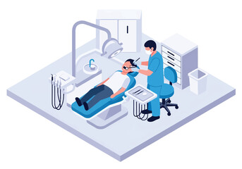 Isometric 3D flat vector of dental clinic with dentist and patient, hygiene and healthcare service illustration