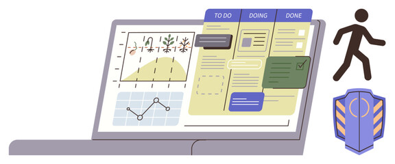 Open laptop displaying task board, progress charts, and data graphs. Ideal for productivity, project planning, workflow management, business strategy, analytics, goal setting team collaboration