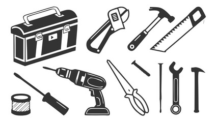 Tools collection toolbox wrench screwdriver hammer saw drill pliers nails