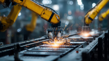 Robot arms assemble electronics while creating sparks in a busy factory setting