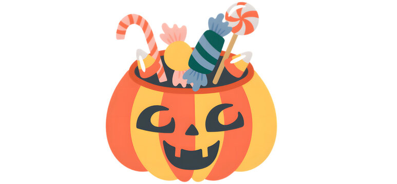 Festive halloween pumpkin bucket overflowing with colorful candy corn lollipops and sweets ready for trick or treating on october 31st celebration - Powered by Adobe