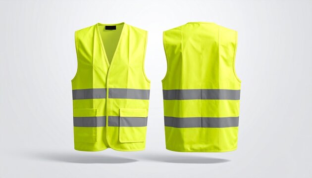 Two reflective safety vests mockup isolated on white backdrop for construction industry and road safety.