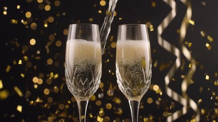 Pouring sparkling champagne into two elegant crystal glasses with golden confetti falling on a black background for a festive celebration - Powered by Adobe