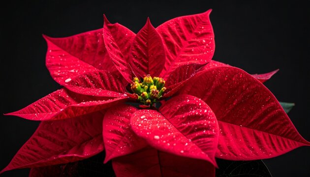 Close-up of a vibrant red poinsettia flower adorned with water droplets, set against a dark, moody background