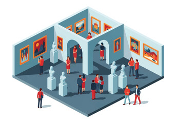 Isometric 3D flat vector of museum art exhibition with visitors viewing artworks, creativity and culture illustration