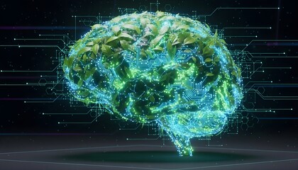 The Brain: A striking conceptual depiction of the brain interwoven with elements of nature, symbolizing the intricate connection between intellect and the environment.