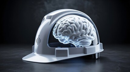 Glowing Brain Inside Construction Helmet Symbolizing Innovation and Safety in Engineering