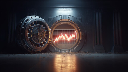 A massive vault door being opened to reveal a glowing financial chart inside, financial security