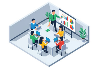 Isometric 3D flat vector of modern office workspace with people working together on laptops and charts, teamwork and productivity scene