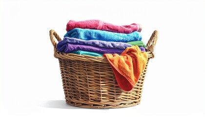 Obraz premium Colorful Towels Stacked Neatly in Woven Basket on White Background Laundry and Household Chores Concept.
