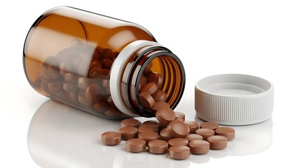 Amber Medicine Bottle with Brown Tablets Spilled on Clean White Surface