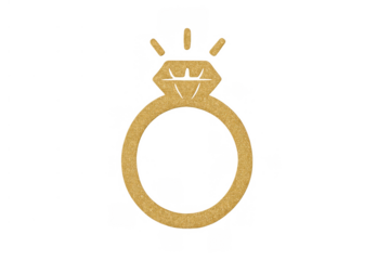 Golden engagement ring icon with shimmering diamond, symbolizing love, marriage, and commitment on transparent background