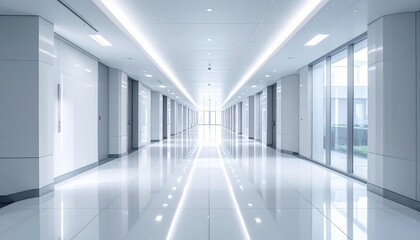 Bright Modern Hallway with White Tiles and Glass Walls for Office or Commercial Space Interior Design.