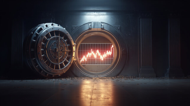 A massive vault door being opened to reveal a glowing financial chart inside, financial security