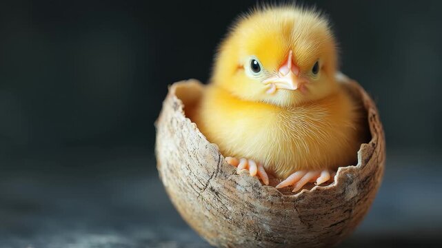 Bright yellow chick emerging from its eggshell against a dark background in a moment of innocence