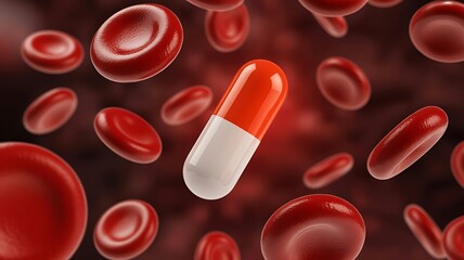3D Rendering of Red Blood Cells and Medical Capsule in Abstract Healthcare Concept