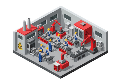 Isometric vector of modern factory with workers assembling products on conveyor belts, robotic arms, and packaging stations, manufacturing and automation theme