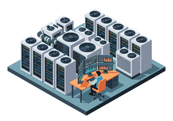 Obraz premium Isometric 3D vector of secure data center with server racks, technician monitoring screens, and cooling units, cloud computing and cybersecurity theme