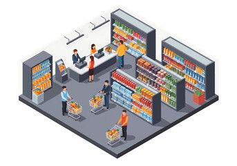 Isometric 3D flat vector of supermarket with customers shopping and paying at cashier, retail business concept