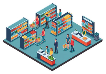 Obraz premium Isometric 3D flat vector of supermarket with customers shopping and paying at cashier, retail business concept