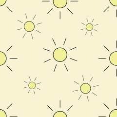 Yellow Sun Summer seamless Pattern background vector illustration.Sun Pattern on yellow Background. abstract small line art sun seamless pattern on yellow background. For textile, fabric and wallpaper
