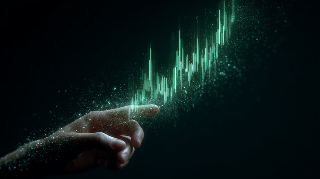A hand holding holographic projection of a digital crypto candlestick chart, focusing on a green up-trend.