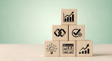 Business Development Strategy Icons Growth Success Wooden Blocks Copy Space