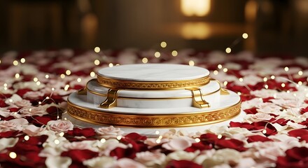 Wedding celebration dining setting with rings, cake, flowers, and candles on the table