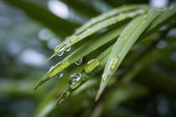 Raindrops sliding on green palm leaves