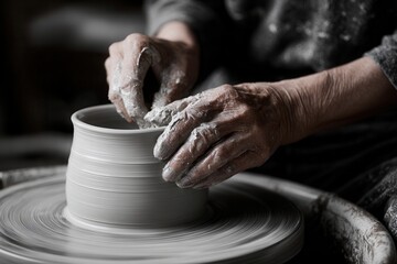 Elderly hands shaping clay on pottery wheel