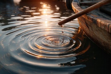 Wooden paddle making ripples and golden reflections in calm water