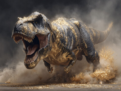 a dinosaur, possibly a T-Rex, in a dynamic pose with its mouth open, showing sharp teeth, and surrounded by a cloud of dust or debris