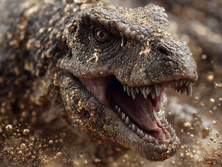 Obraz premium a dinosaur, possibly a T-Rex, in a dynamic pose with its mouth open, showing sharp teeth, and surrounded by a cloud of dust or debris