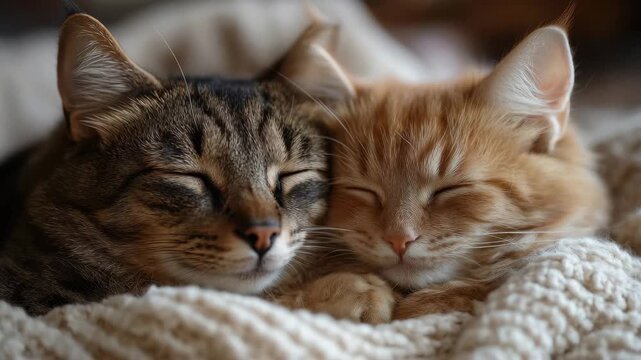 Two adorable cats snuggling together on a cozy blanket in a warm indoor setting during a quiet afternoon