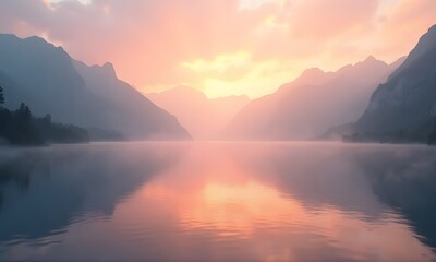 “Beautiful sunrise over calm mountain lake with mist, nature landscape photography”