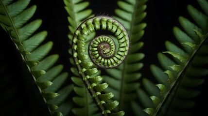 Macro shot of a fern frond unfurling its spiral shape against a dark green backdrop in nature